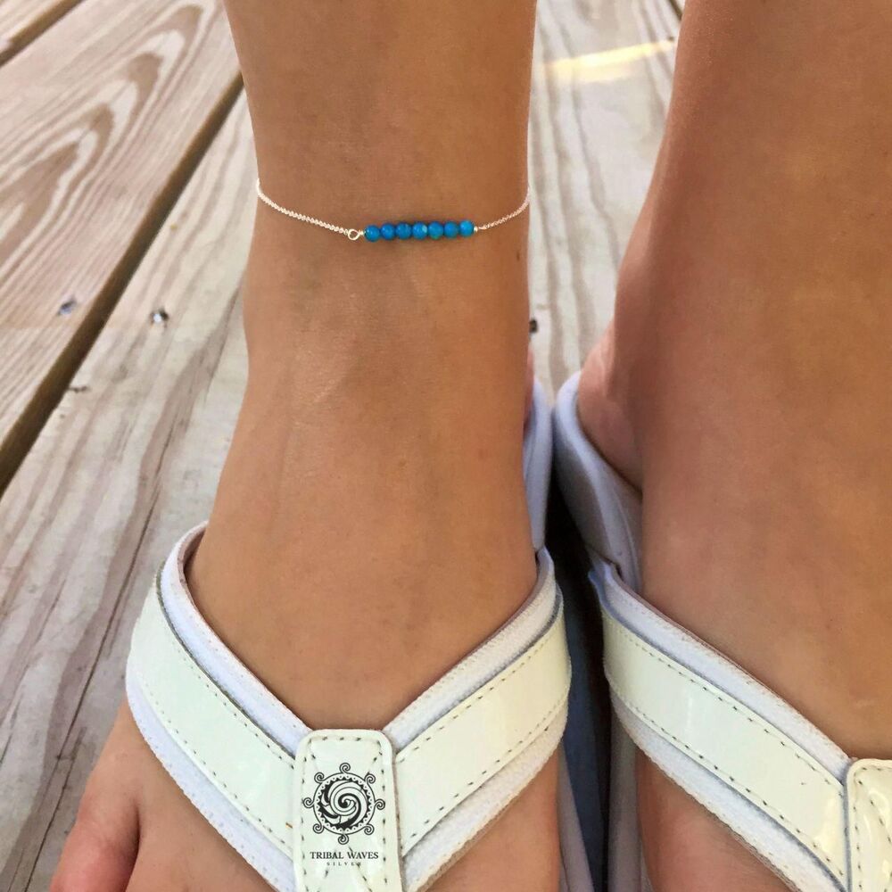 Dainty Sterling Silver Anklet Blue Howlite Beads 9-3/4"